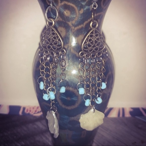 New Handmade Antique S925 Silver Turquoise Shell Bronze Dangle Earrings - Picture 4 of 14